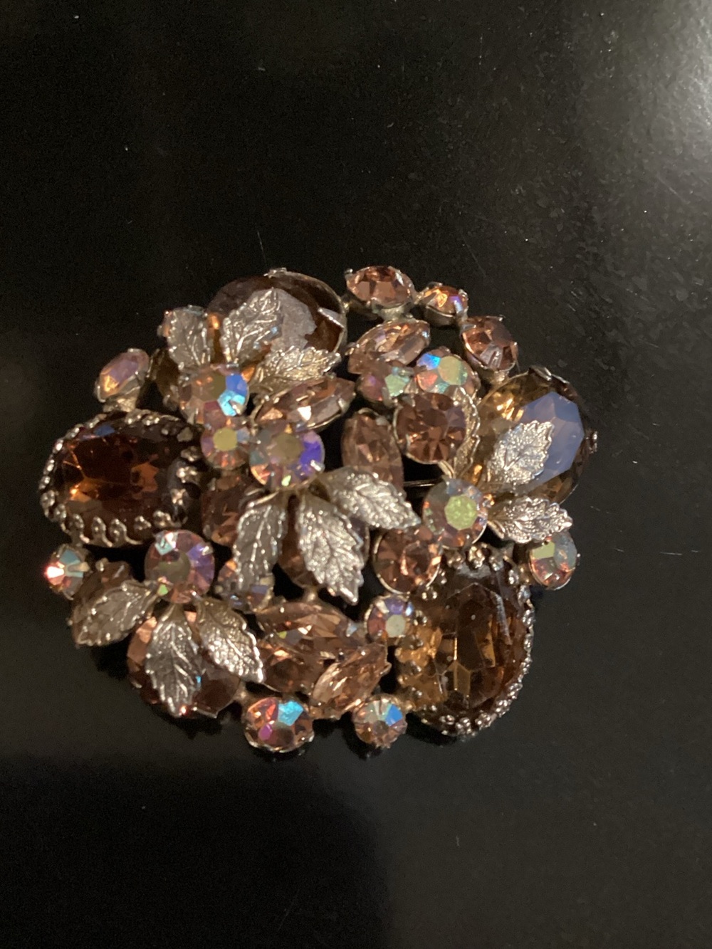 Champagne Crystal Floral Brooch with Silver Leaves - Women's Jewelry